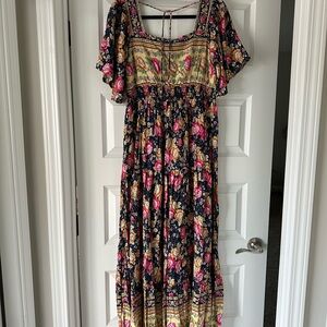 In loom Floral Boho Maxi Dress in Navy, Pink, green and yellow, Size large